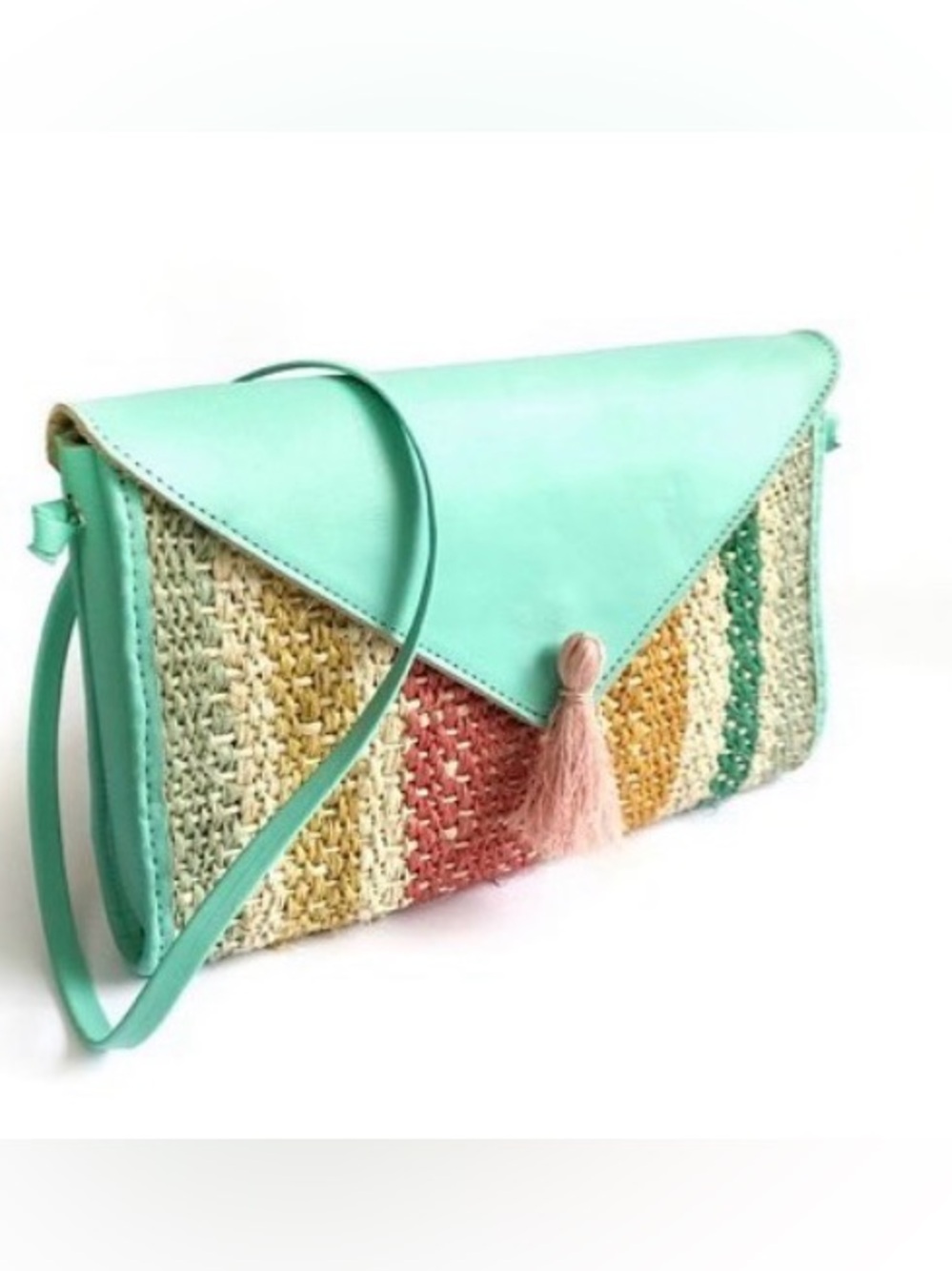 Multi Colored Striped Straw and Mint Leather Large Crossbody / Clutch  NWOT